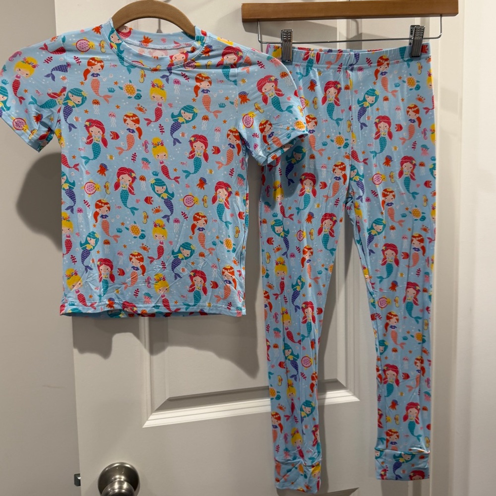 Blue Mermaid Bamboo Kids Pajama Set size 7/8 NEW